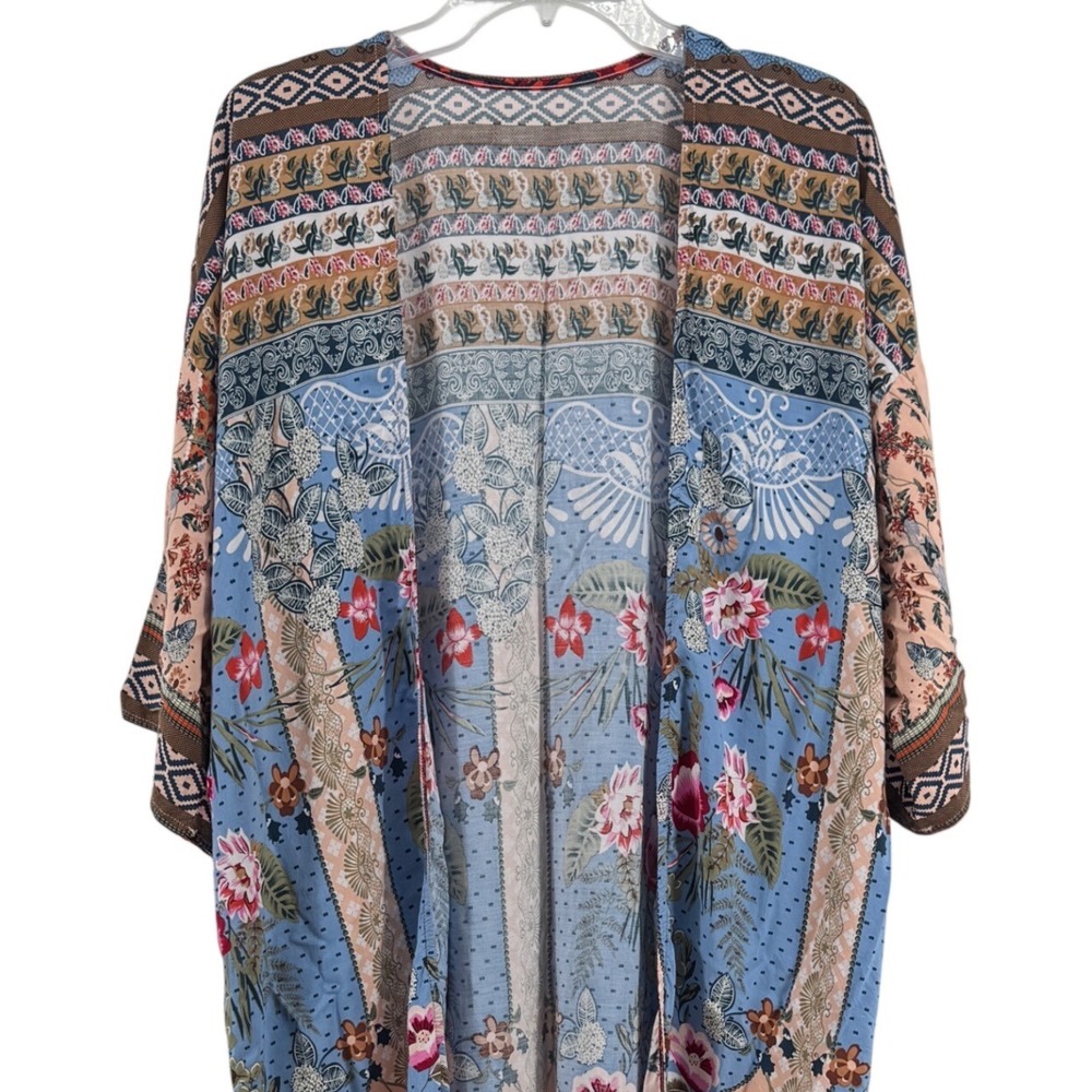 Floral Duster Kimono Blue Peach Boho Festival Hippie Whimsical Coastal Cover Up‎